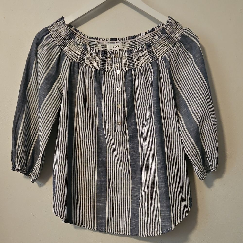 BDG Navy and White Striped Off-Shoulder Peasant Blouse